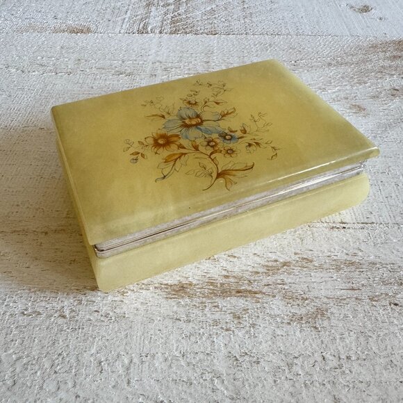 Vintage Light Yellow Genuine Italian Alabaster Trinket Box with Floral Print - Picture 1 of 10